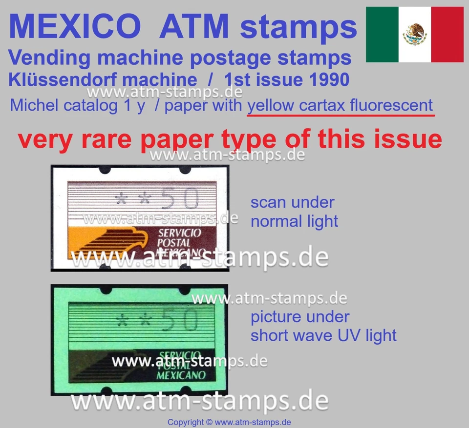 Sello de cajero automático Mexico Eagle 1990 tipo raro con cartax fluorescente 50 ** Klussendorf Foto 1 de 1