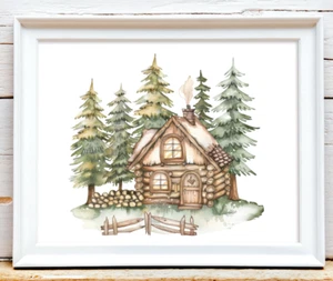 Hütte Kunstdruck, Berghütte Wandkunstdruck, Kinderzimmer Deko, Hütte im Wald #7 - Bild 1 von 2