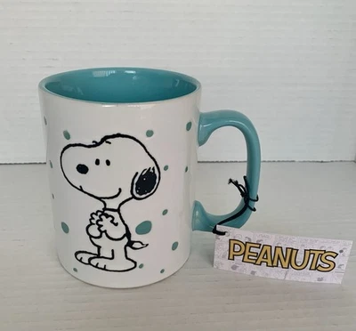 NUEVO Taza de gres Peanuts "Freckled Joy" SNOOPY STRUT detalles azul verdoso 16 oz Foto 1 de 4