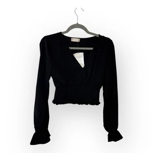 Altar’d State Black Cropped Smocked Blouse M NWT Boho Y2K Festival Top - Picture 1 of 6