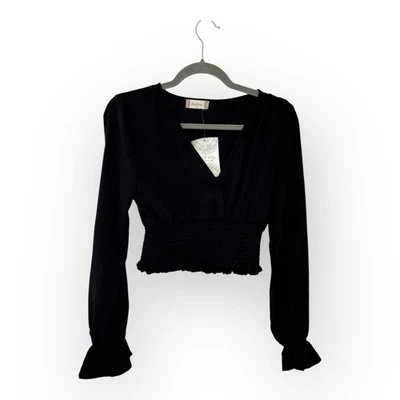 Altar’d State Black Cropped Smocked Blouse M NWT Boho Y2K Festival Top - Image 1 of 4