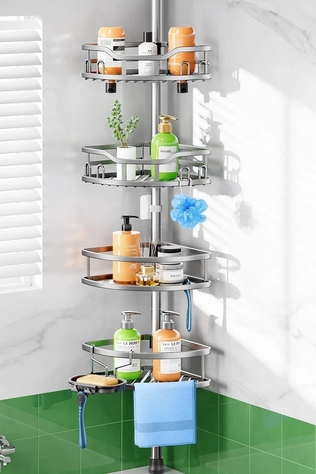 Poste de tensión para carrito de ducha a prueba de herrumbre - Organizador de esquina de 4 niveles, 47-121 pulgadas Foto 1 de 4