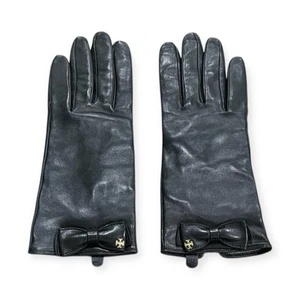 RARE Vtg Tory Burch Women's Bow Tie Black Leather Cashmere Wool Gloves SIZE 8.5 - Picture 1 of 6