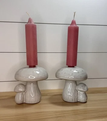 Mushroom Shaped Candlestick Holders White Washed Ceramic Modern Natural Set of 2 - Image 1 of 4
