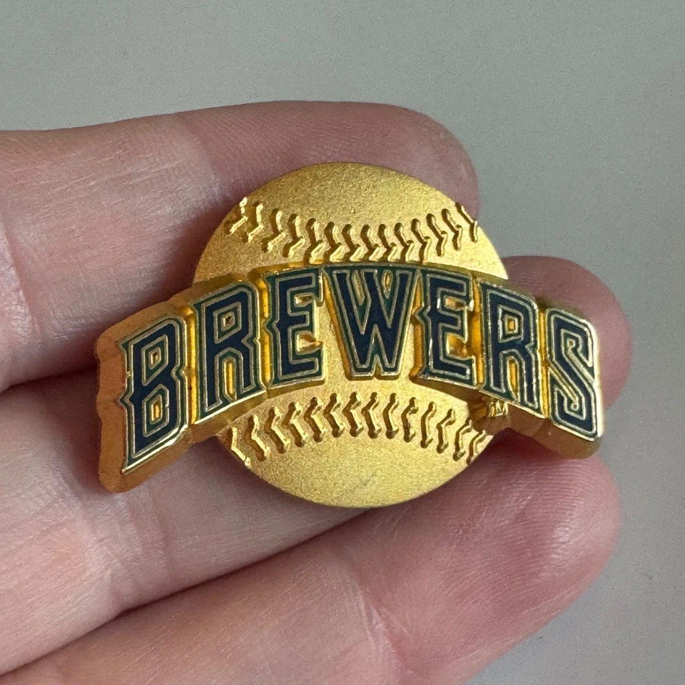 Vintage Milwaukee Brewers Gold Baseball Script Logo Enamel Lapel Pin Peter David - Image 1 of 4