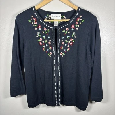 Cárdigan suéter para mujer Chadwick’s negro bordado floral talla grande Foto 1 de 4