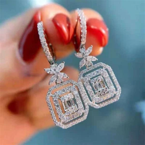 Women's 3.0Ct Baguette Cut Moissanite Drop Dangle Earrings 10K Solid White Gold - Picture 1 of 5