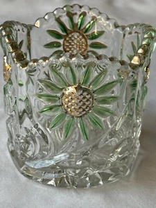 RARE Vintage US GLASS Intaglio Sunflower Open Sugar 4" x 3.75 Green Gold Spooner - Picture 1 of 4