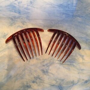 (2) Curved French Twist 7 Tooth Hair Combs "4x3" Shell Brown&Clear Made in Italy