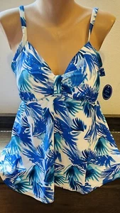 🌻NEW w/tag Swimsuits for All Blue & White Faux Flyaway Tropical Tankini Top 14 - Picture 1 of 8