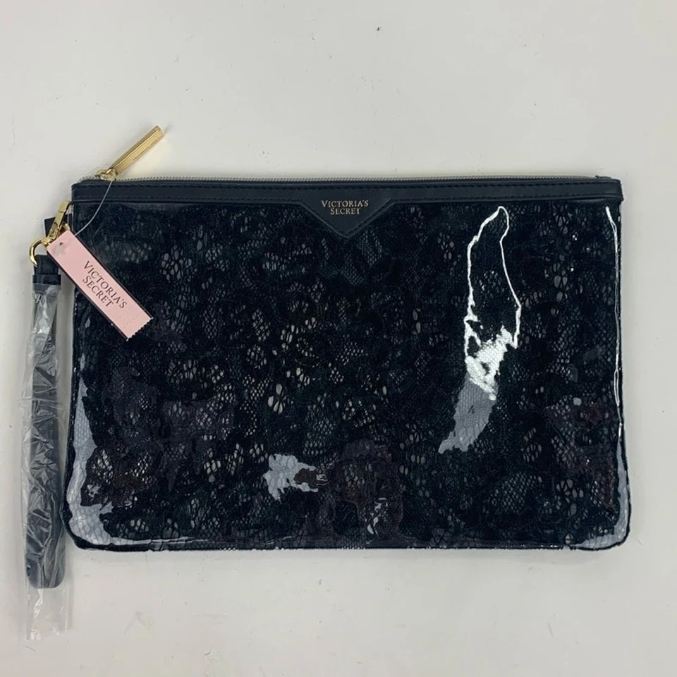 Victoria's Secret Clear Black Lacy Little Bag Wristlet Floral Lace Print