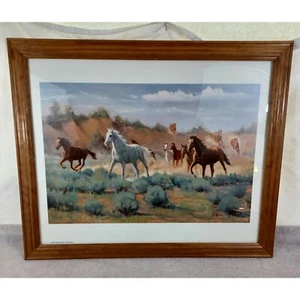 Vintage 1991 Running Free Print Bill Tipton Signed Matted Oak Frame 22.5"x18.5" - Picture 1 of 11