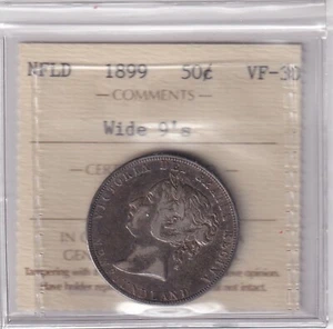 Newfoundland 1899 50 Cent Silver Coin Wide 9's ICCS Certified VF-30 Victorian - Picture 1 of 2