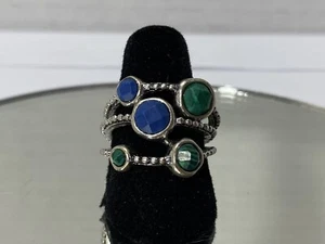 Lucky Brand Blue & Green Faceted Stone Ring 3 Silver Tone Rope Design Sz 6.75 - Picture 1 of 10