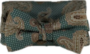 Stacy Adams Men's Bow Tie Hanky Green Beige Silver Paisley Handmade 2.5" Wide - Picture 1 of 7