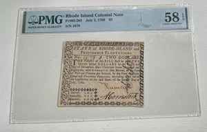 1780 July 2 $2 Rhode Island Colonial Currency, PMG-58 EPQ - Picture 1 of 2