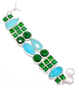 Blue Onyx & Tsavorite Gemstone Silver Plated Bracelet 7-8" M1495, Christmas Gift - Picture 1 of 5