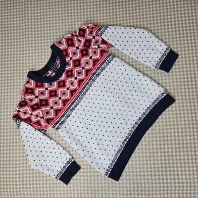 Janie & Jack Fair Isle Red White & Blue Long Sleeve Cotton Holiday Knit Sweater - Image 1 of 4