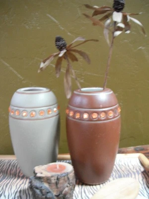 Rustic Ceramic Vases Russet and Taupe color 9.5 inch high with jewels Set of 2 - Image 1 of 4