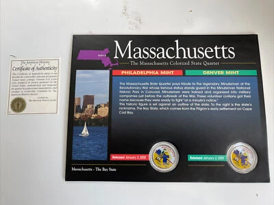 American Historical Society Colorized State Quarters. Massachusetts. Used COA - Image 1 of 4