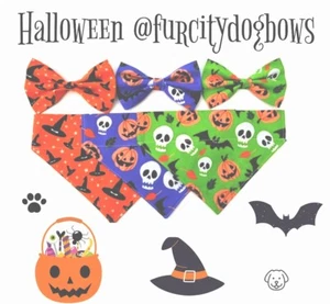 Halloween Dog Collar Accessories Bows & Bandanas Handmade In UK. Multi sizes - Picture 1 of 35