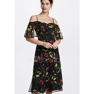 GREY by Jason Wu Black Floral Chiffon Silk Off Shoulder Midi Dress Size 6 - Image 1 of 4