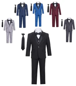 Boys Tuxedo Slim 5 Pcs Suits Formal Wear Toddler Children Big Kids Wedding Tie - Picture 1 of 22