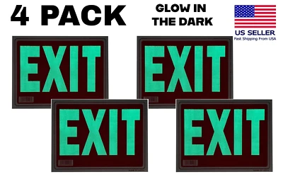 COTTON FLY 4 PACK Exit Sign Glow-in-The-Dark 12 x 9 Inches Photoluminescent Eco Friendly
