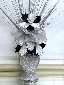 Silver Vase With Flowers Mosaic Crushed Crystal Heart Romany Glitter Bling 30 cm - Picture 1 of 6