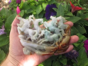 STUNNING CHINESE HETIAN NEPHRITE JADE 8 HORSES CELADON RUSSET CARVING SCULPTURE - Picture 1 of 23