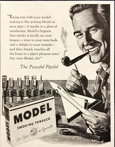 1955 Model Smoking Tabacco Print Ad Main Painting Model Jet Fighter Smoking Pipe - Picture 1 of 6