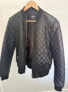 Superdry Womens Parisian Quilted faux leather Bomber Jacket size large black - Picture 1 of 10