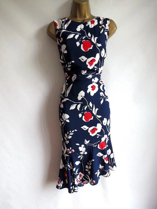 Phase Eight navy floral asymmetric flared dress size 14 - Image 1 of 4