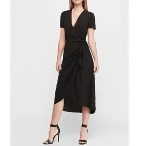 NWT Express Dress Wrap Midi Women Black V Neck Lightweight Short Sleeve M - Picture 1 of 16