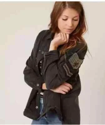 Free People Embellished Military Shirt Jacket Oversized Gunmetal Eagle Beaded - image 1 of 4