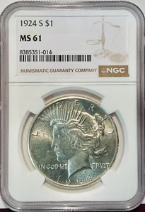 1924-S Peace Silver Dollar, NGC MS 61. Original Patina Very PQ - Picture 1 of 2
