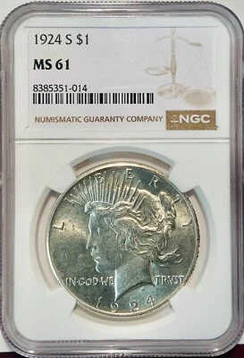 1924-S Peace Silver Dollar, NGC MS 61. Original Patina Very PQ - Image 1 of 2