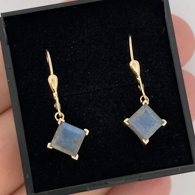 9ct Yellow Gold Labradorite Drop Dangle Hook Earrings Hallmarked - Image 1 of 4