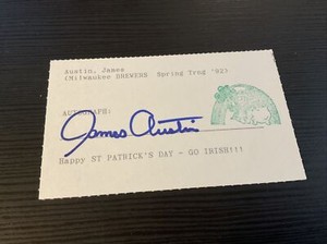 JAMES JIM AUSTIN Signed Index Card autograph Milwaukee BREWERS