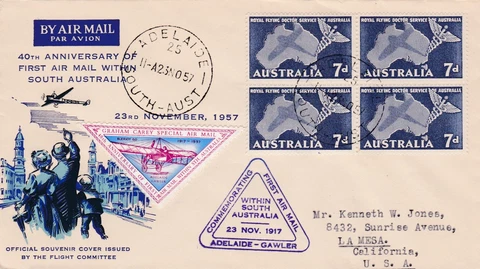1957 Australia Cover 40th Anniversary First Airmail Flight 7d Stamp Block Doctor Cover