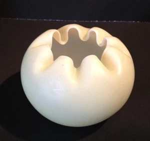 YELLOW SATIN Blown GLASS VASE CRIMPED EDGE TOP Ruffled 4" Round X 3" Tall Decor - Picture 1 of 4