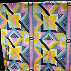 Vintage Woven Satin Fabric Material 1960s GEOMETRIC Pink Blue Abstract RETRO MOD - Picture 1 of 13