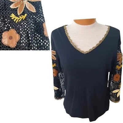 Blusa boho floral negra grande manga tejida vintage para mujer talla XL/NUEVA SIN ETIQUETAS Foto 1 de 4