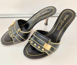 Authentic Louis Vuitton Black Leather Mules MA0094 Size 35 US 5 Used - Picture 1 of 5