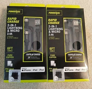 Lot Of 2 PowerXcel Rapid Charge 2 In 1 Micro 2.4A Charge & Sync 6Ft Cable ~New ~ - Picture 1 of 2