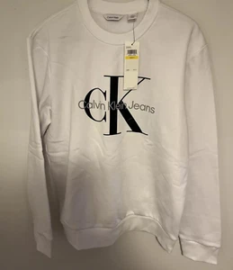 NWT $79 MEN'S CALVIN KLEIN JEANS CREW NECK RETRO LOGO SWEATSHIRT WHITE MEDIUM - Picture 1 of 6