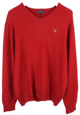 Gant Pull Homme Grand 100% Laine Agneau Rouge Uni Logo Col V Extensible - Photo 1/4