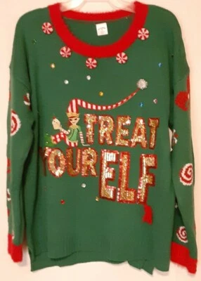 Holiday Time Christmas Sweater "Treat Your Elf" Green, Size Large NWT  - Image 1 of 3