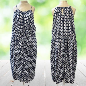 AVA VIV Dress Size 3X Blue White Geometric Linen Blend Halter Pockets Twist - Picture 1 of 17