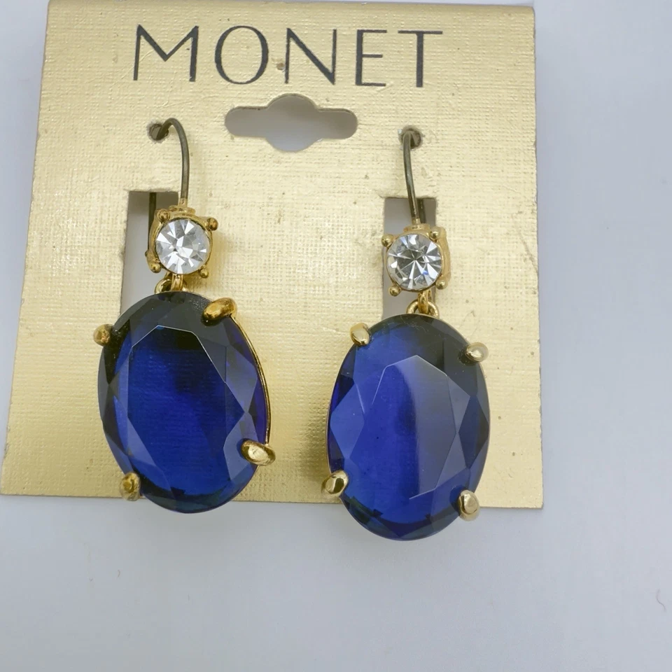 Pendientes De Colección Monet Estrás Tono Dorado Zafiro Azul Cuelgan Declaración Nuevos de Lote Antiguo Foto 1 de 4
